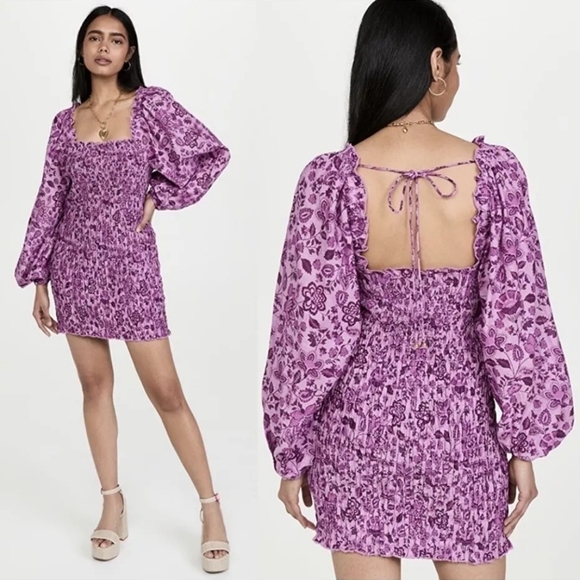 Free People Smock It To Me Mini Dress - Azalea Combo Purple Floral - Large - NWT - Picture 4 of 11